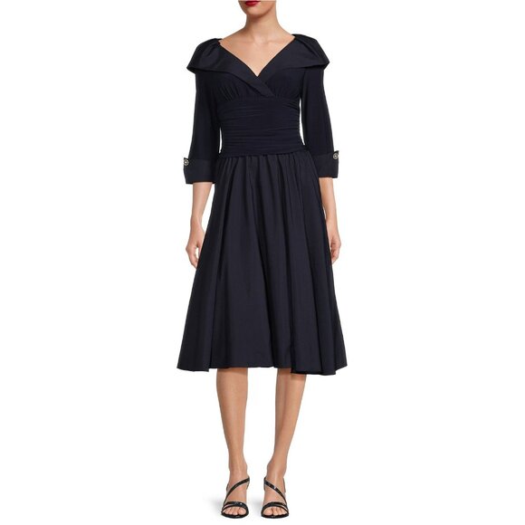Jessica Howard Jersey Taffeta Dress Size 6 Portrait Collar Ruched A Line Midi - Picture 1 of 10